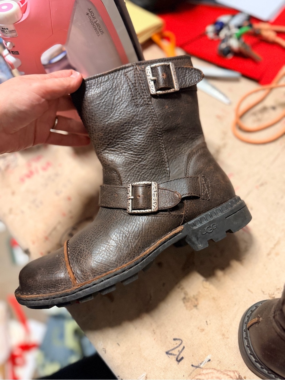 UGG Australia Brown Leather Shearling Lined Engineer Moto Boots Mens Size 8 - Picture 4 of 7